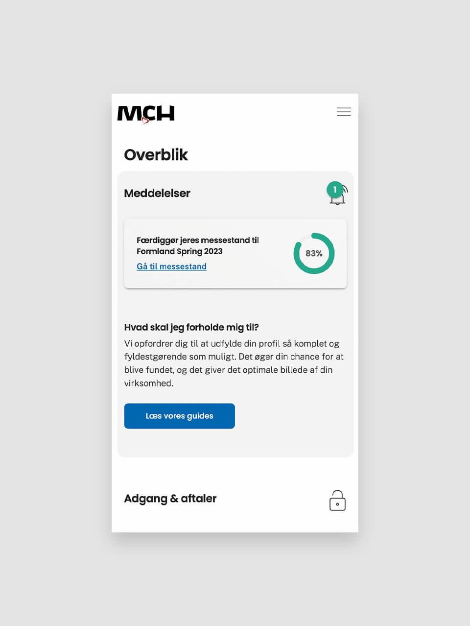 Mobilvisning med eksempel fra MCH's platform, som viser et overblik med forskellige informationer