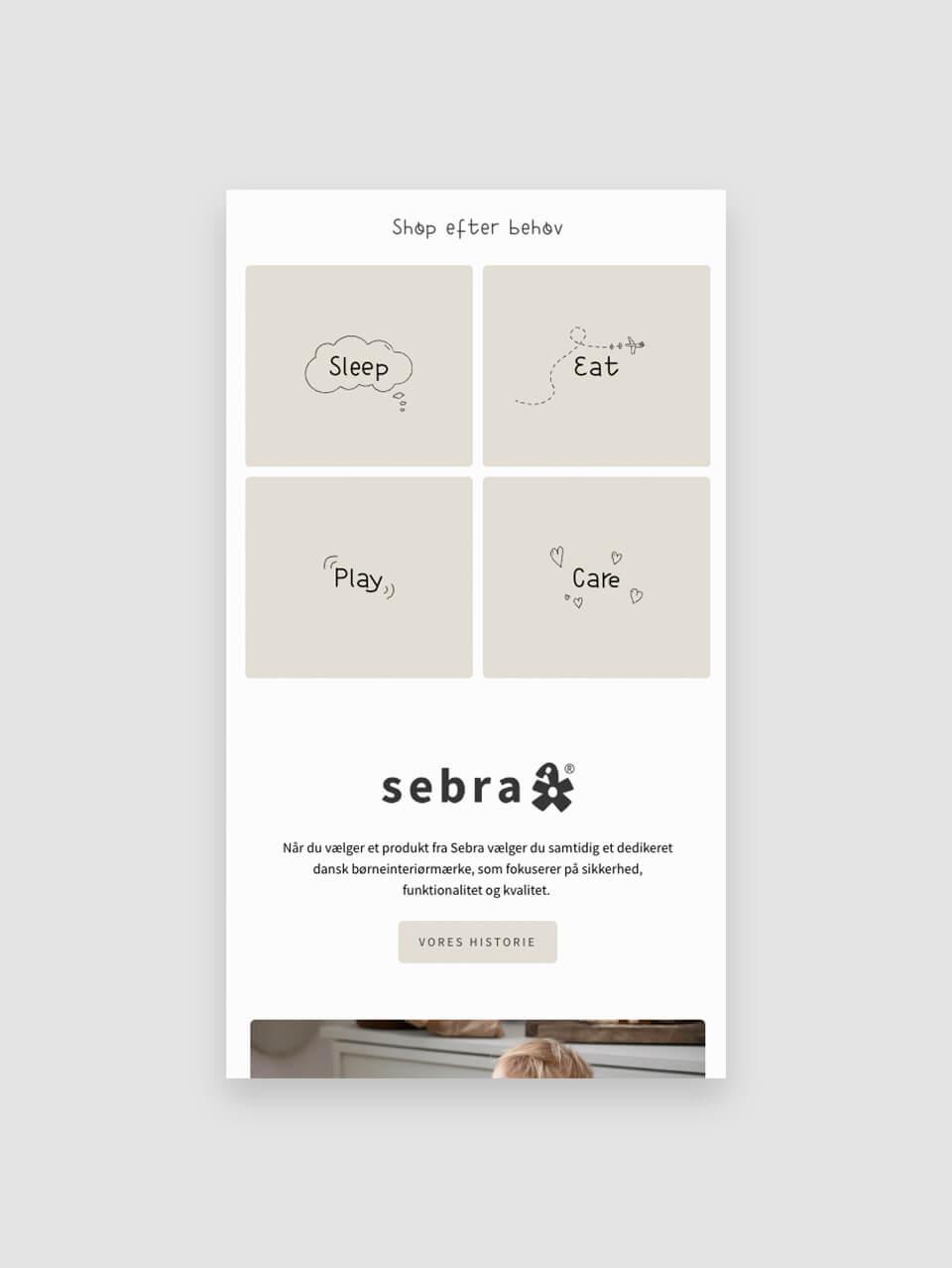 Mobilvisning af Sebras webshop - Sleep, eat, play, care