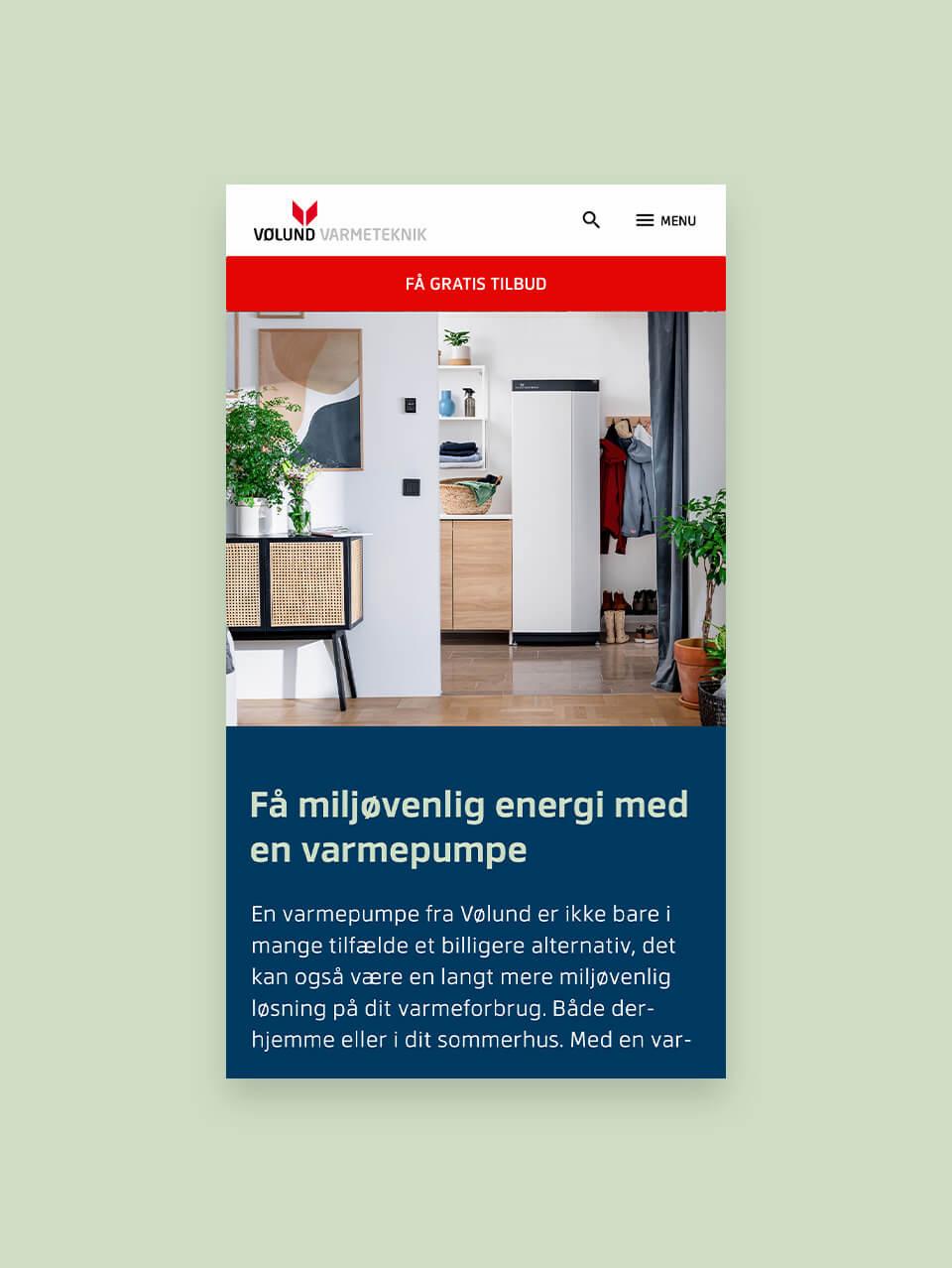 Mobil visning af Vølund Varmetekniks hjemmeside